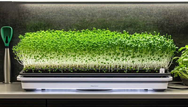 Hydroponic microgreen system setup in a modern kitchen.